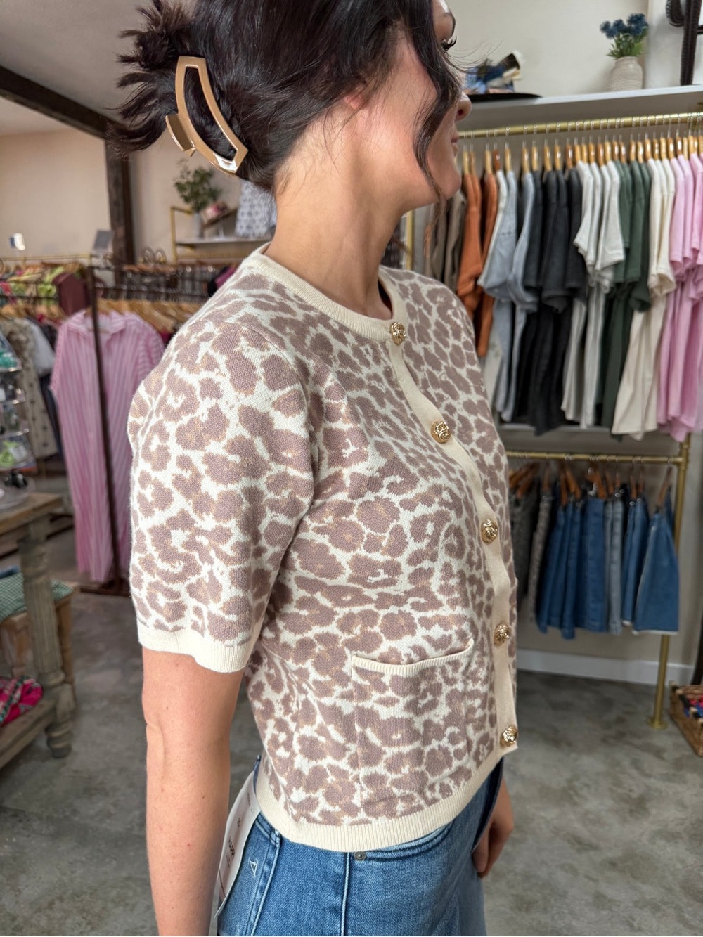 Entro Leopard Print Short Sleeve Knit Cardigan Gold Buttons Taupe Cream Medium